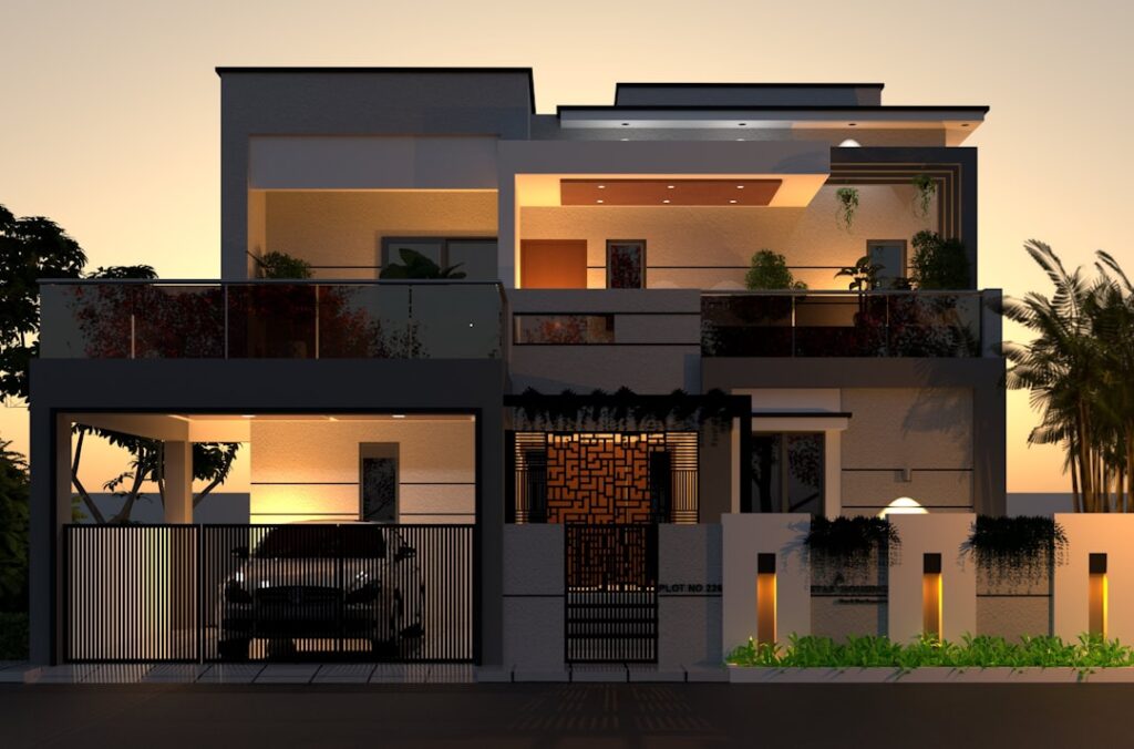 A car is parked in front of a house