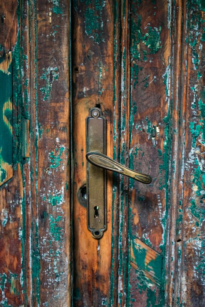 a close up of a door handle on a wooden door