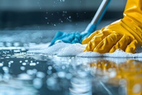 A person in yellow gloves and blue gloves cleaning a floor
