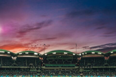 people watching game of cricket during sunset