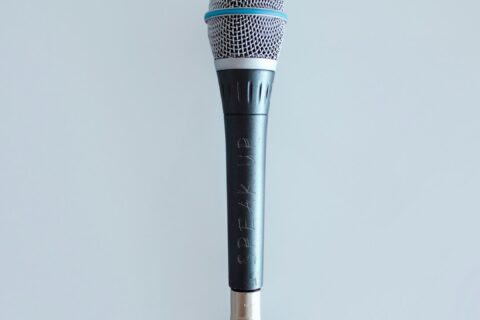 black and gray corded microphone